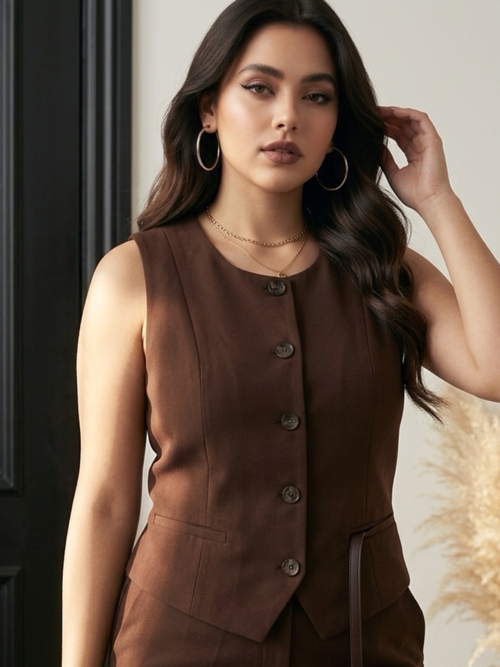 Sleeveless Brown Button Vest